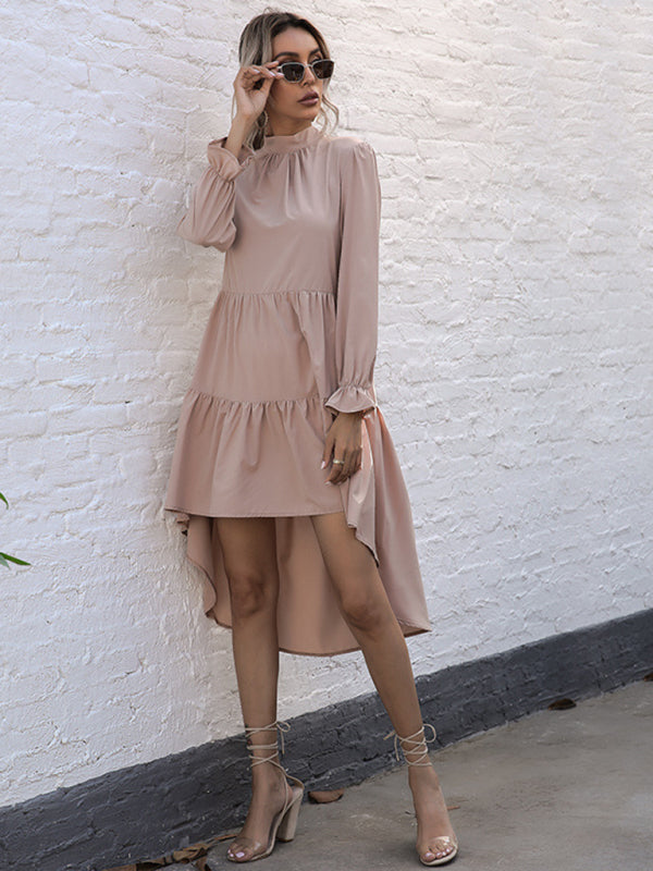 Tiered Dresses- Autumn Solid Tiered High-Neck Mini Dress with Tail- - Pekosa Women Clothing