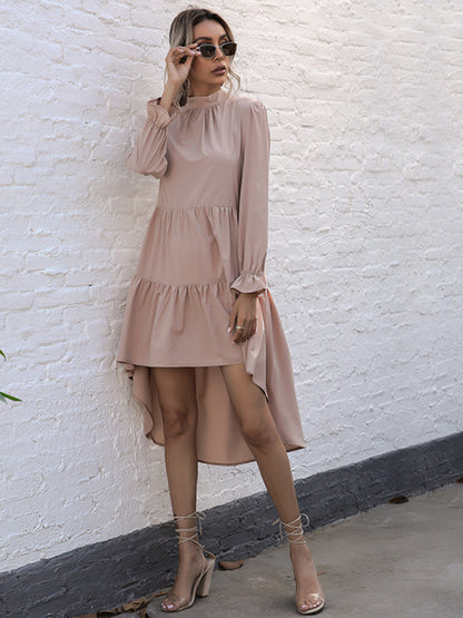 Tiered Dresses- Autumn Solid Tiered High-Neck Mini Dress with Tail- - Pekosa Women Clothing