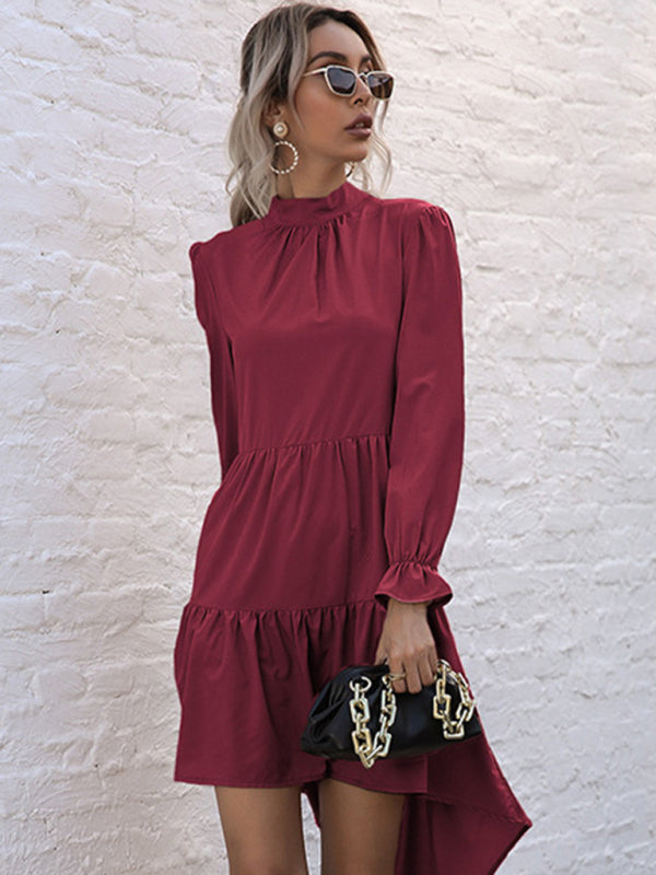 Tiered Dresses- Autumn Solid Tiered High-Neck Mini Dress with Tail- - Pekosa Women Clothing