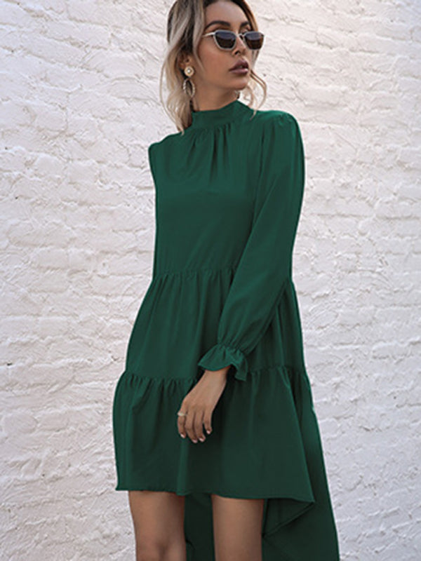 Tiered Dresses- Autumn Solid Tiered High-Neck Mini Dress with Tail- - Pekosa Women Clothing