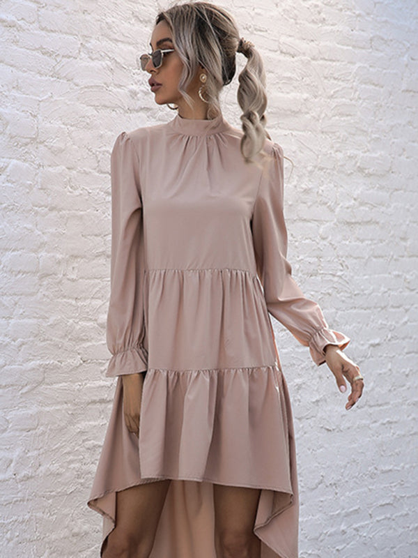 Tiered Dresses- Autumn Solid Tiered High-Neck Mini Dress with Tail- - Pekosa Women Clothing