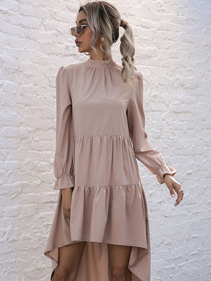 Tiered Dresses- Autumn Solid Tiered High-Neck Mini Dress with Tail- - Pekosa Women Clothing