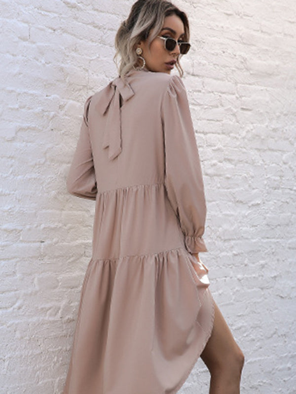 Tiered Dresses- Autumn Solid Tiered High-Neck Mini Dress with Tail- - Pekosa Women Clothing