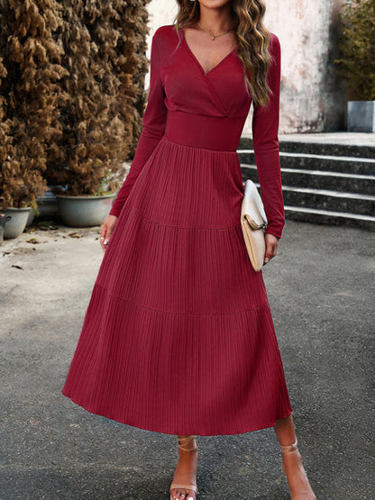 Tiered Dresses- Elegant Textured Fitted Waist Long Sleeve Tiered Dress- - Pekosa Women Clothing