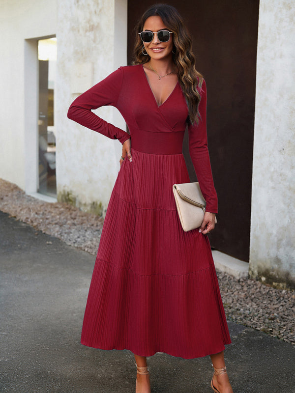 Tiered Dresses- Elegant Textured Fitted Waist Long Sleeve Tiered Dress- - Pekosa Women Clothing