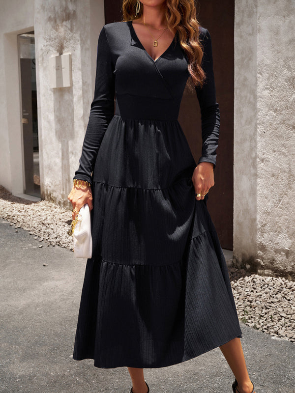 Tiered Dresses- Elegant Textured Fitted Waist Long Sleeve Tiered Dress- - Pekosa Women Clothing