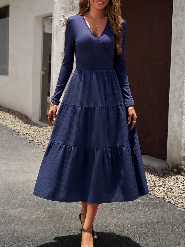 Tiered Dresses- Elegant Textured Fitted Waist Long Sleeve Tiered Dress- - Pekosa Women Clothing