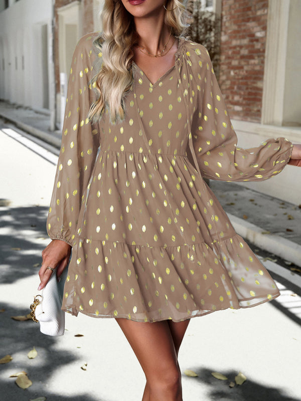 Tiered Dresses- Gold Dot Chiffon V Neck Long Sleeve Tiered Dress- - Pekosa Women Clothing