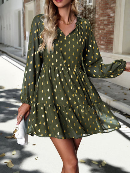 Tiered Dresses- Gold Dot Chiffon V Neck Long Sleeve Tiered Dress- - Pekosa Women Clothing