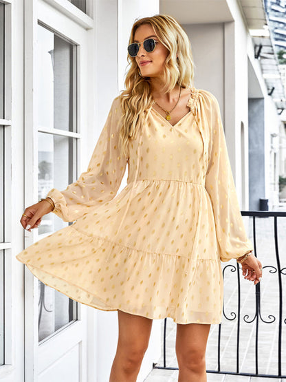 Tiered Dresses- Golden Dots Print Tiered Long Sleeve Dress- khaki- Pekosa Women Clothing