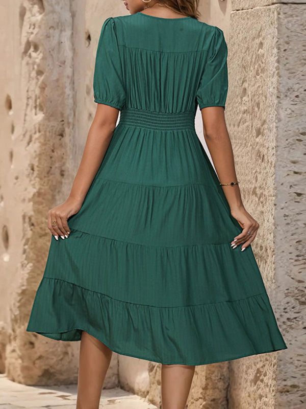 Tiered Dresses- Smocked Waist Button-Up Midi Dress with Tiers- - Pekosa Women Clothing