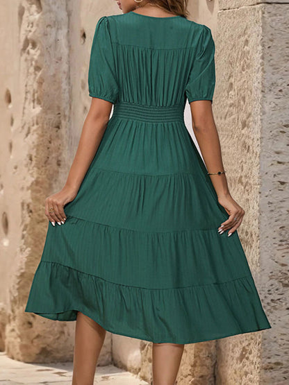 Tiered Dresses- Smocked Waist Button-Up Midi Dress with Tiers- - Pekosa Women Clothing