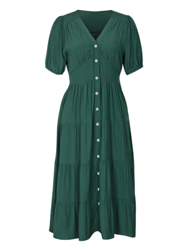 Tiered Dresses- Smocked Waist Button-Up Midi Dress with Tiers- - Pekosa Women Clothing