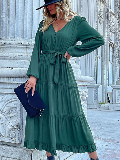 Tiered Dresses- Solid Tiered Ruffle Button Long Sleeve Dress- - Pekosa Women Clothing