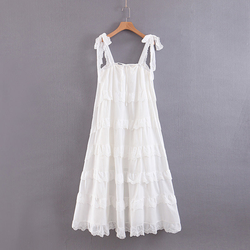 Tiered Dresses- Summer Romantic Tiered Ruffle Midi Dress with Bow Tie Shoulders- White- Pekosa Women Clothing