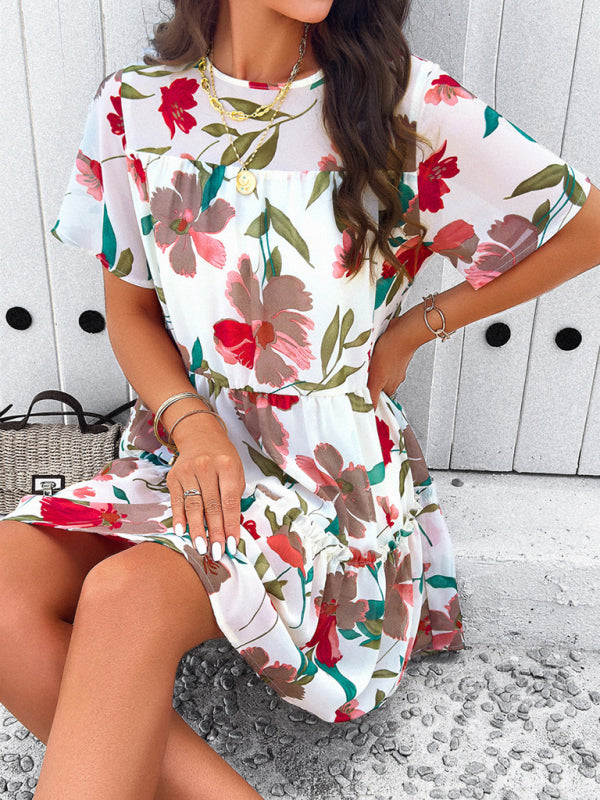 Tiered dresses- Short Sleeve Floral Tunic Mini Dress with Tiered Design & Knot Back- - Pekosa Women Clothing