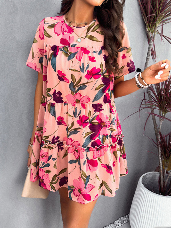 Tiered dresses- Short Sleeve Floral Tunic Mini Dress with Tiered Design & Knot Back- - Pekosa Women Clothing