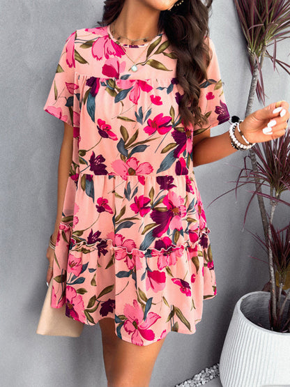 Tiered dresses- Short Sleeve Floral Tunic Mini Dress with Tiered Design & Knot Back- - Pekosa Women Clothing