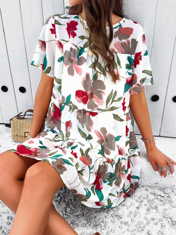 Tiered dresses- Short Sleeve Floral Tunic Mini Dress with Tiered Design & Knot Back- - Pekosa Women Clothing