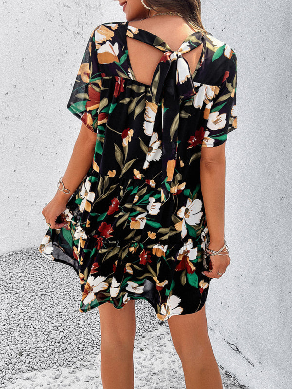 Tiered dresses- Short Sleeve Floral Tunic Mini Dress with Tiered Design & Knot Back- - Pekosa Women Clothing