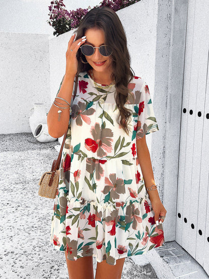 Tiered dresses- Short Sleeve Floral Tunic Mini Dress with Tiered Design & Knot Back- - Pekosa Women Clothing