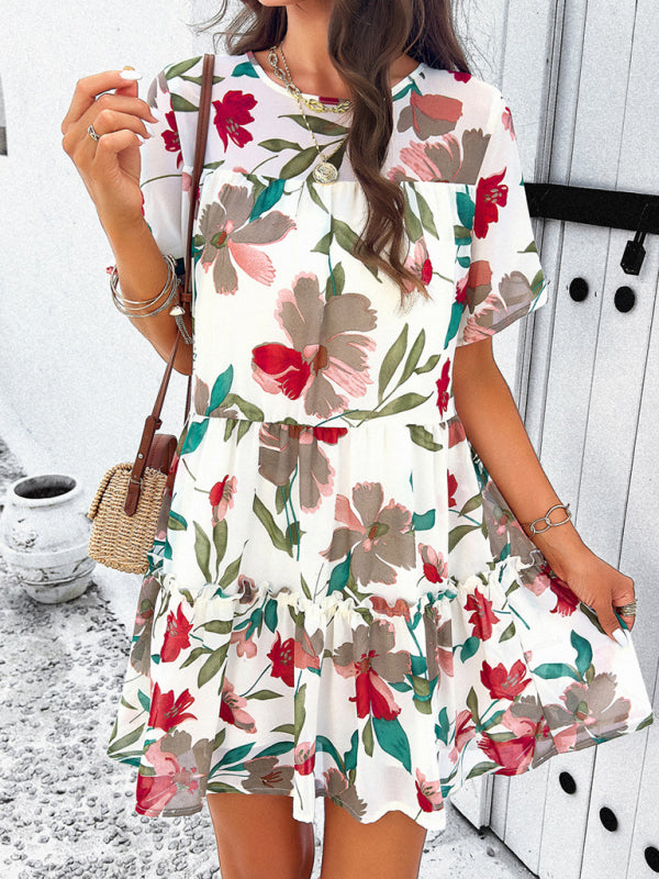 Tiered dresses- Short Sleeve Floral Tunic Mini Dress with Tiered Design & Knot Back- Cracker khaki- Pekosa Women Clothing
