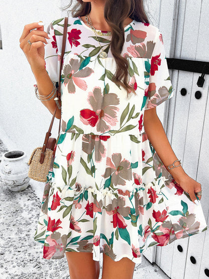 Tiered dresses- Short Sleeve Floral Tunic Mini Dress with Tiered Design & Knot Back- Cracker khaki- Pekosa Women Clothing