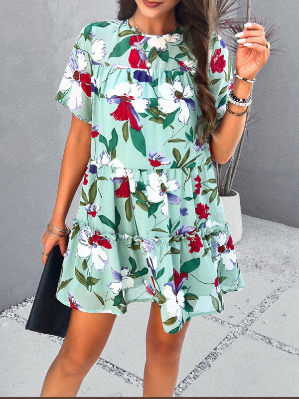 Tiered dresses- Short Sleeve Floral Tunic Mini Dress with Tiered Design & Knot Back- - Pekosa Women Clothing
