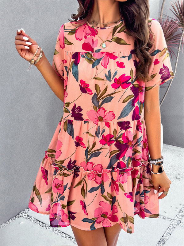 Tiered dresses- Short Sleeve Floral Tunic Mini Dress with Tiered Design & Knot Back- - Pekosa Women Clothing