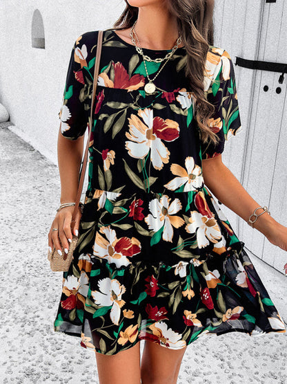 Tiered dresses- Short Sleeve Floral Tunic Mini Dress with Tiered Design & Knot Back- - Pekosa Women Clothing