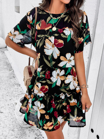 Tiered dresses- Short Sleeve Floral Tunic Mini Dress with Tiered Design & Knot Back- - Pekosa Women Clothing
