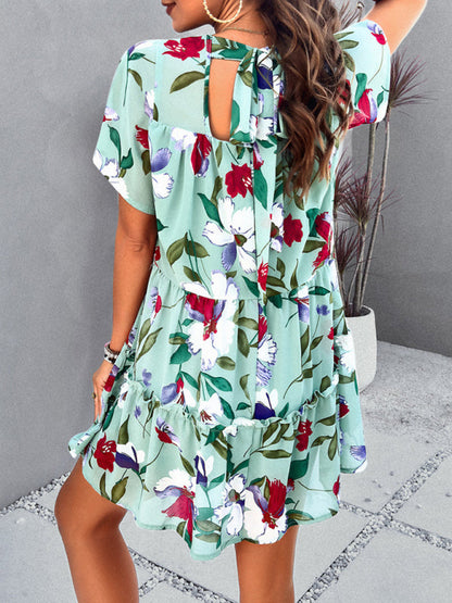 Tiered dresses- Short Sleeve Floral Tunic Mini Dress with Tiered Design & Knot Back- - Pekosa Women Clothing