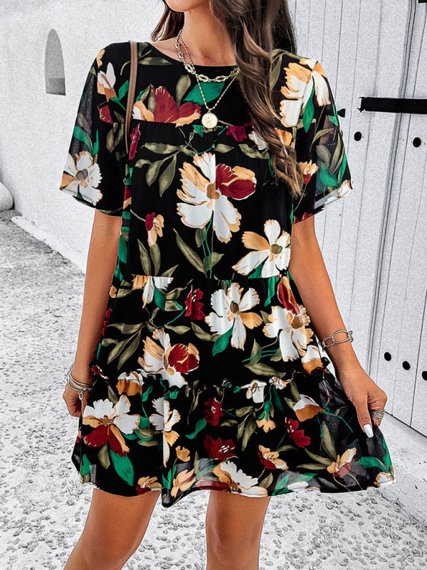 Tiered dresses- Short Sleeve Floral Tunic Mini Dress with Tiered Design & Knot Back- - Pekosa Women Clothing