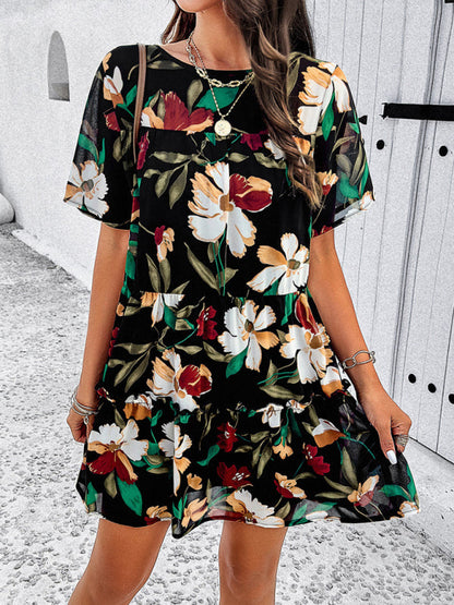 Tiered dresses- Short Sleeve Floral Tunic Mini Dress with Tiered Design & Knot Back- - Pekosa Women Clothing