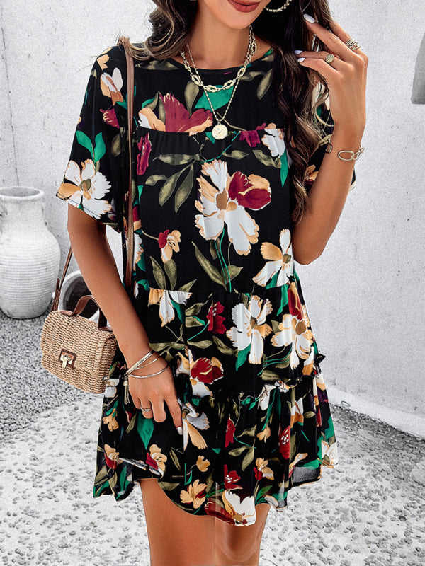 Tiered dresses- Short Sleeve Floral Tunic Mini Dress with Tiered Design & Knot Back- - Pekosa Women Clothing
