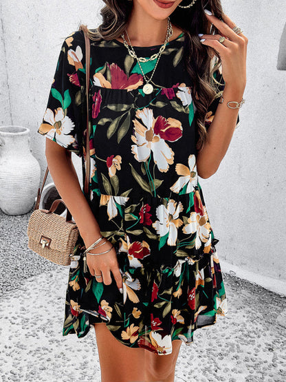 Tiered dresses- Short Sleeve Floral Tunic Mini Dress with Tiered Design & Knot Back- - Pekosa Women Clothing