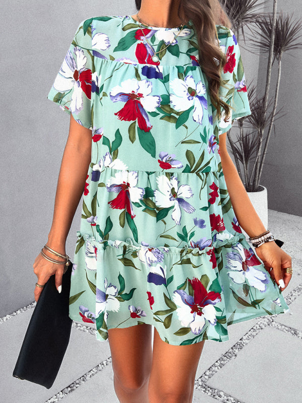 Tiered dresses- Short Sleeve Floral Tunic Mini Dress with Tiered Design & Knot Back- - Pekosa Women Clothing