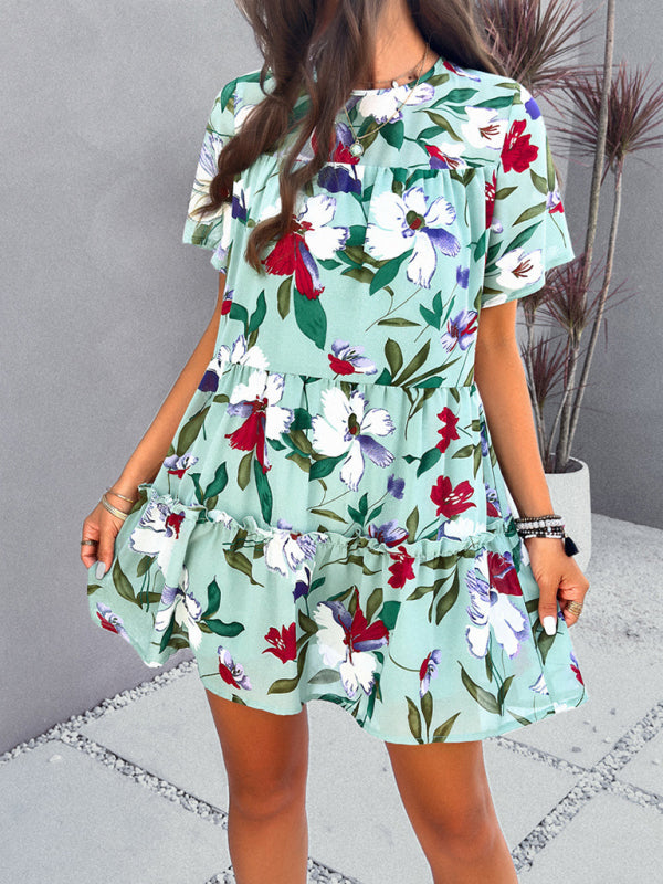 Tiered dresses- Short Sleeve Floral Tunic Mini Dress with Tiered Design & Knot Back- - Pekosa Women Clothing