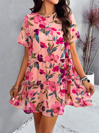Tiered dresses- Short Sleeve Floral Tunic Mini Dress with Tiered Design & Knot Back- - Pekosa Women Clothing