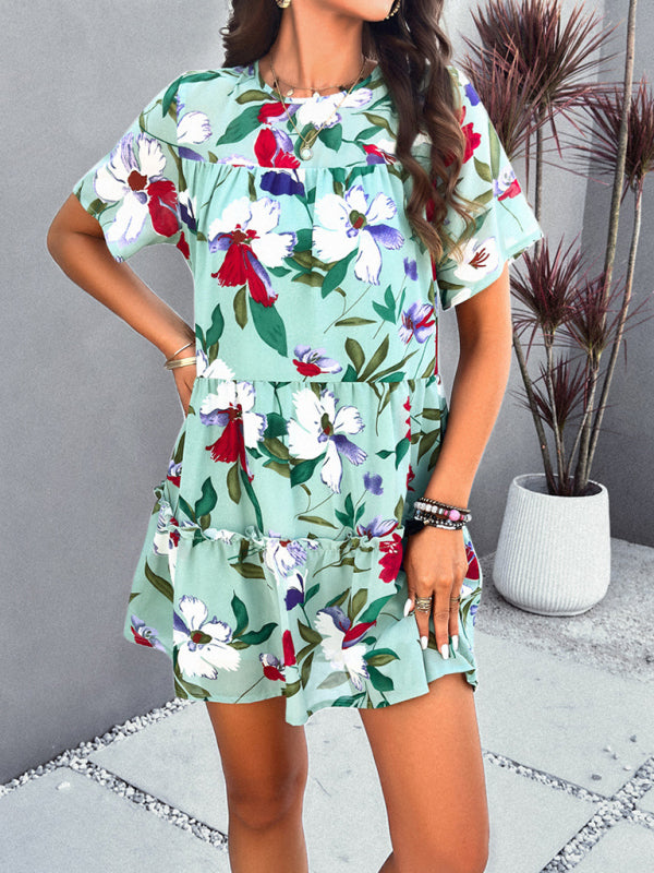 Tiered dresses- Short Sleeve Floral Tunic Mini Dress with Tiered Design & Knot Back- Green- Pekosa Women Clothing