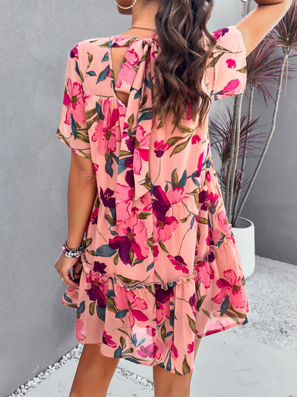 Tiered dresses- Short Sleeve Floral Tunic Mini Dress with Tiered Design & Knot Back- - Pekosa Women Clothing