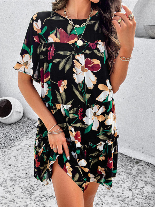 Tiered dresses- Short Sleeve Floral Tunic Mini Dress with Tiered Design & Knot Back- Black- Pekosa Women Clothing