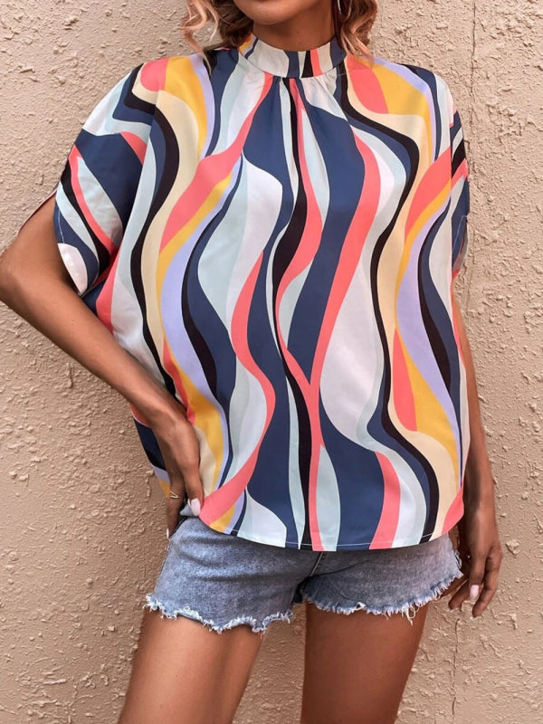 Top- Casual T-shirt Blouse for Women with Stand Collar Tie-Back- - Pekosa Women Clothing
