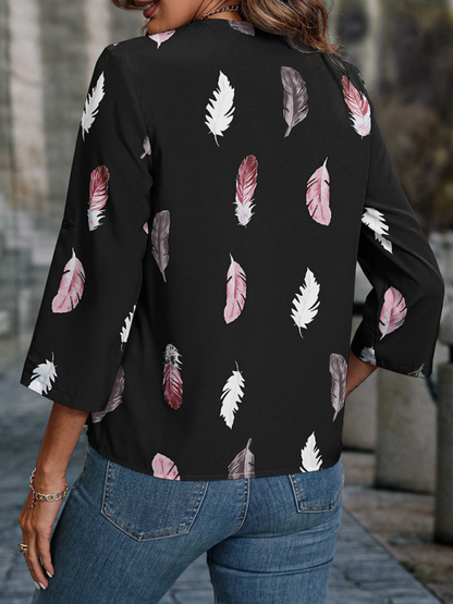 Top- Elegant Feather Print 3/4 Sleeve V-Neck Blouse- - Pekosa Women Clothing