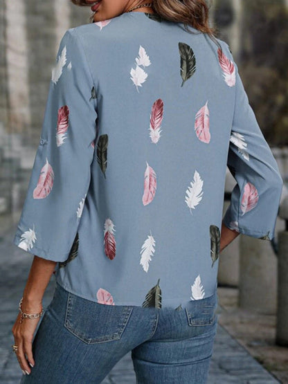 Top- Elegant Feather Print 3/4 Sleeve V-Neck Blouse- - Pekosa Women Clothing