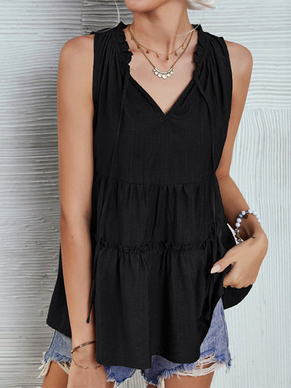 Top- Retro Chic: Loose-Fit Tiered Casual Tank Top Blouse for Women- - Pekosa Women Clothing