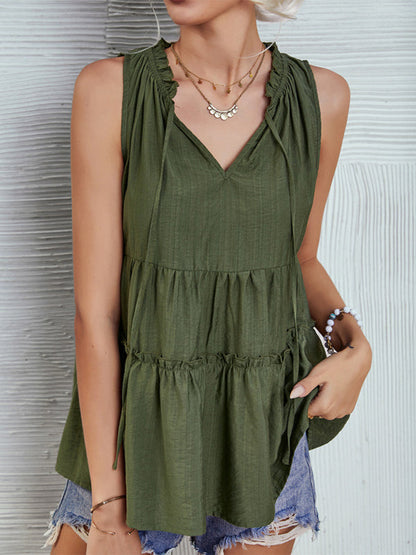 Top- Retro Chic: Loose-Fit Tiered Casual Tank Top Blouse for Women- - Pekosa Women Clothing
