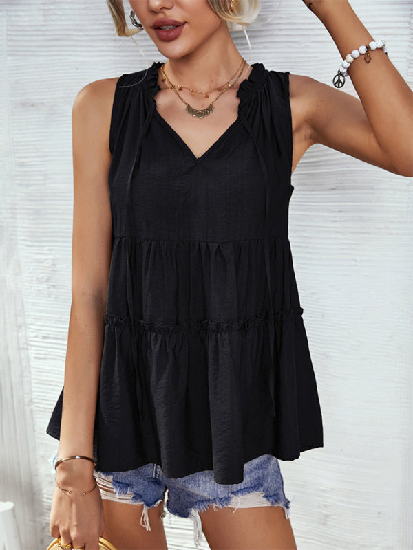 Top- Retro Chic: Loose-Fit Tiered Casual Tank Top Blouse for Women- - Pekosa Women Clothing