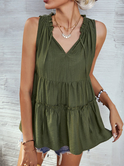 Top- Retro Chic: Loose-Fit Tiered Casual Tank Top Blouse for Women- Olive green- Pekosa Women Clothing