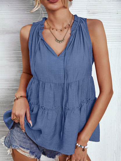 Top- Retro Chic: Loose-Fit Tiered Casual Tank Top Blouse for Women- Blue- Pekosa Women Clothing